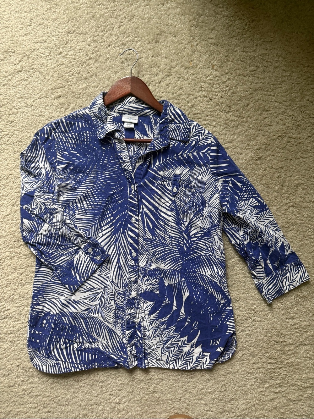 Linen Blue Palm-Print Button-Up Shirt Jacket Size L